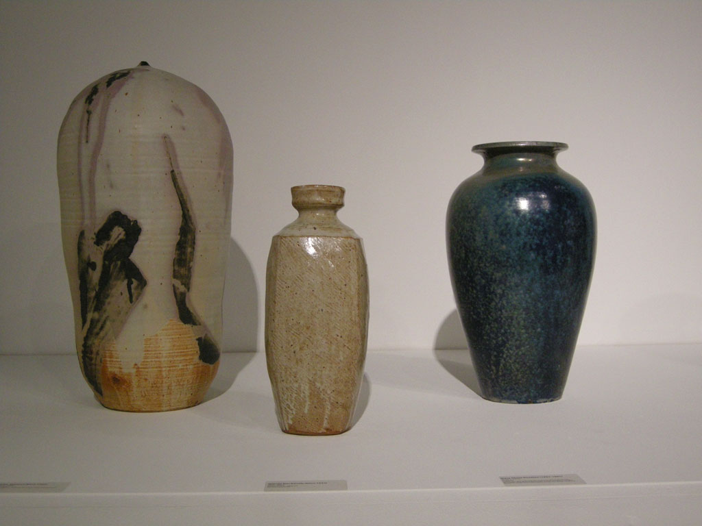 Toshiko Takaezu, Sakura II, 2002; Warren MacKenzie, Vase, 2002; Mary Chase Stratton, Vase, c. 1915 at the Houston Center for Contemporary Craft