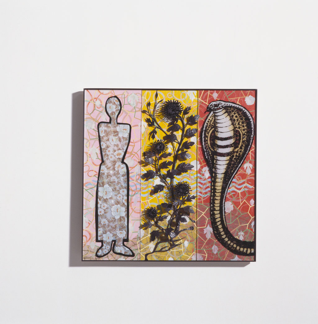 Garden of Eden/Paradise I, 2004. Enamel fired on glass, found metal, mixed media on wood panels, Kim Stephenson photograph