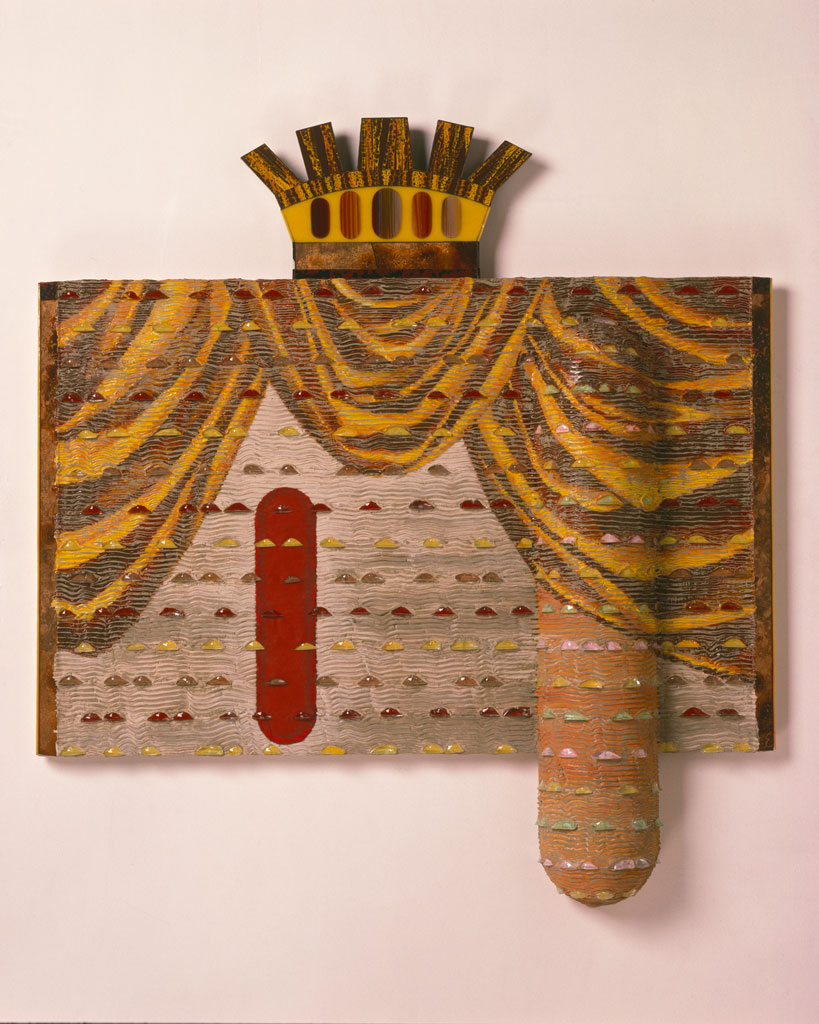Who’s the Lead, Rex, 1989. Glass, wood, paint, hard foam, 46 x 42 x 6, Collection of Susan Steinhauser and Daniel Greenberg, Rob Brown photograph