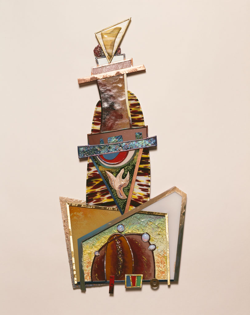 Tower of Multiple Nonfunctions, 1985. Glass, paint, modeling paste, jewels, brass, copper, zinc, lead, wood, 38 x 17, Lone Star Silver Studio photograph