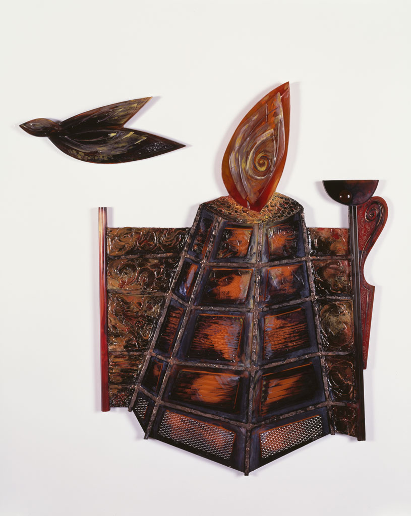 Chernobyl Cocktail, 1986. Painted and fused glass, modeling paste, metals, wood, 38 x 35, Collection of Susan Steinhauser and Daniel Greenberg, Lone Star Silver Studio photograph