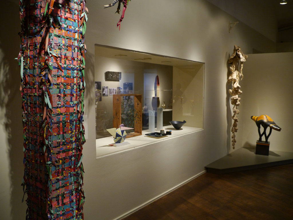 John Garrett, Untitled woven basket; Peter Shire, Pinwheel; Mineo Mizuno, Square Plate with Two Cups; Stephanie DeLange, Clipped Cylinders; Elsa Rady, Black Fan Bowl