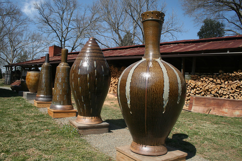 Mark Hewitt Pottery, outdoor turned clay sculptures