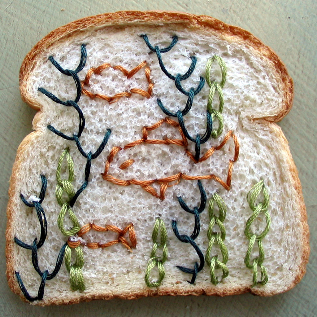Catherine McEver, Embroidered Wonder Bread, 2006. Bread, embroidery floss, Judith White Marcellini Collection Kathleen McLean Collection, Collection of the artist