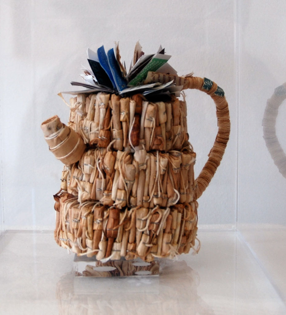 Yuyen Chang, Teabag Teapot, 2002. Dried used teabags, tags, staples, Collection of Gloria and Sonny Kamm