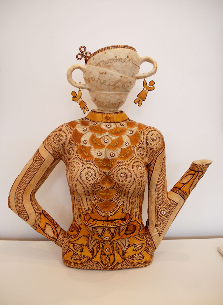Jan Hopkins, Oh Eleanor (from the Women Icon Torso series), 2012. Hand-stitched grapefruit peel, cantaloupe peel, gingko leaves, ostrich shell beads, cedar bark, waxed linen, Permanent Collection: Sonny and Gloria Kamm, Kamm Teapot Foundation