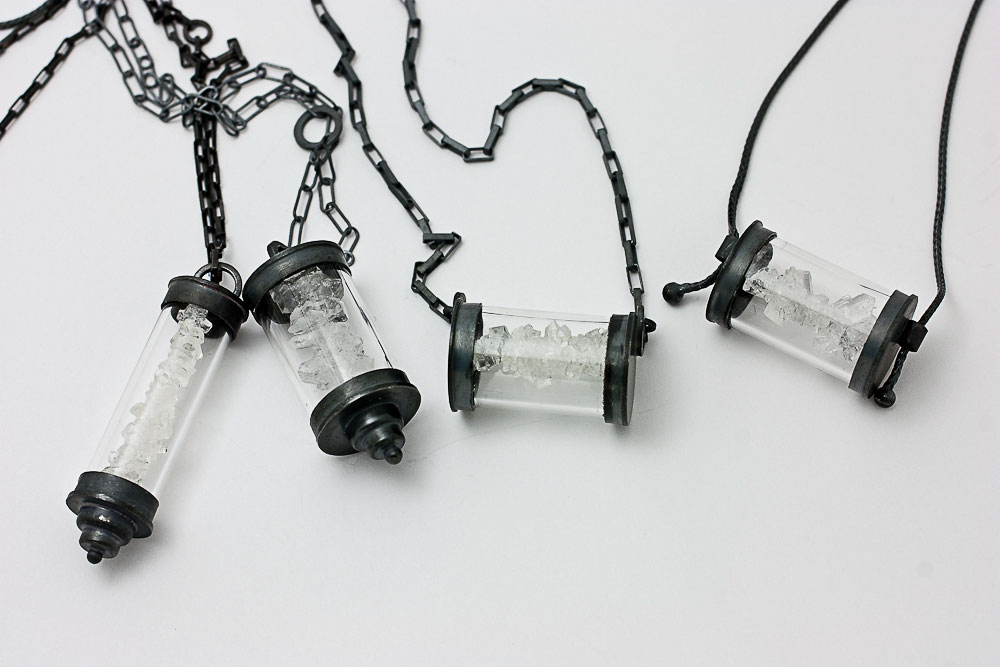 Kelsey Simmen, Sweetie Necklace, Ring and Earrings, 2012-13. Silver, hand-grown sugar crystals, recycled insulin pen vials, epoxy, patina