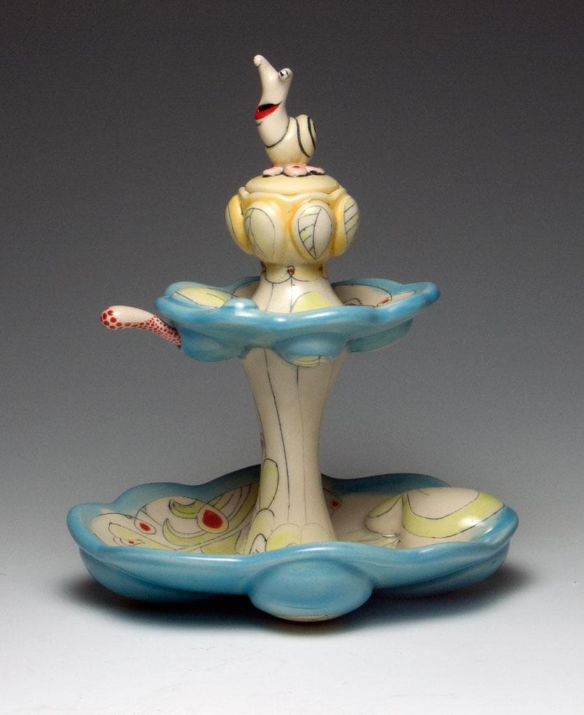 Chandra DeBuse, Garden Treat Server with Snail and Spoon, 2012. Midrange white stoneware, hand built, wheel thrown with underglaze and glaze decoration