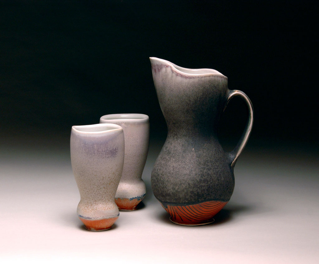 Christopher Melia, Morning Juice Pitcher with Tumblers, 2012. Porcelain, wheel-thrown and altered, soda fired, cone 10