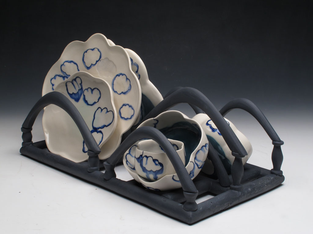 Julia Galloway, Dining with Clouds, 2012. White porcelain with blue inlay slip, gray porcelain tray