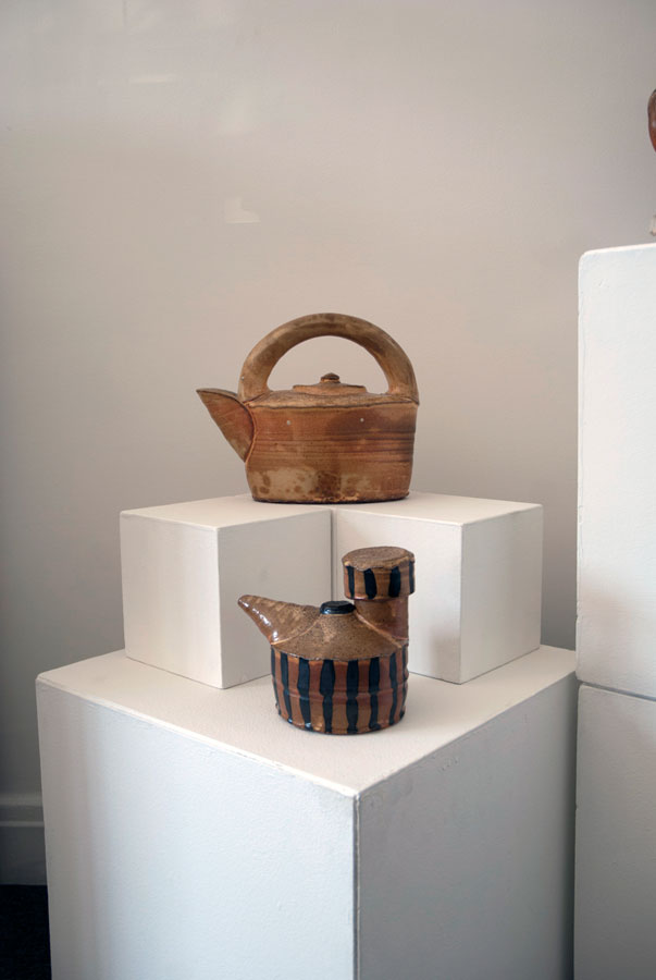 Linda Christianson, Teapot / Cooking Oil Can 2013. Thrown, wood-fired stoneware, salt added to kiln, Madison Metro photograph