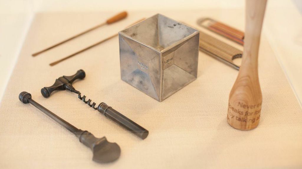 Tools of the Trade (clockwise): Libation Lab, Muddler with Etched Silverstein Quote; Seth Gould, Corkscrew and Bottle Opener; Edgewood Made, Forged Cocktail Stirrers; MapleXO, Bottle Openers; Josh Owen, Cube Jigger Prototype for Kikkerland