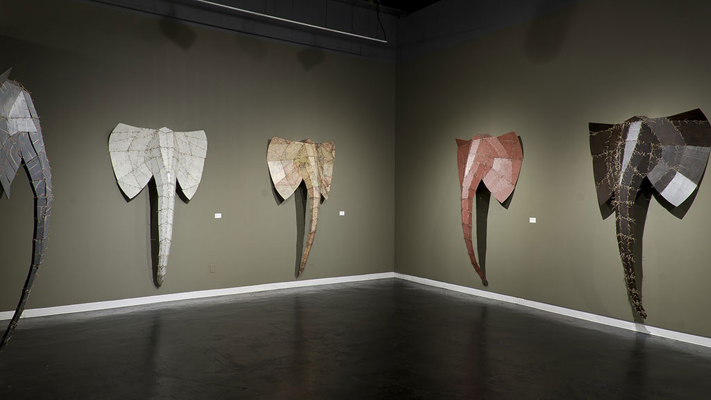 Wendy Maruyama, The wildLIFE Project, 2015. (l-r) Masaai Nights, Ghost, Orkanyawoi, Sonje, Lekuta, Elephant sculpture, IDENTITY, Craft in America