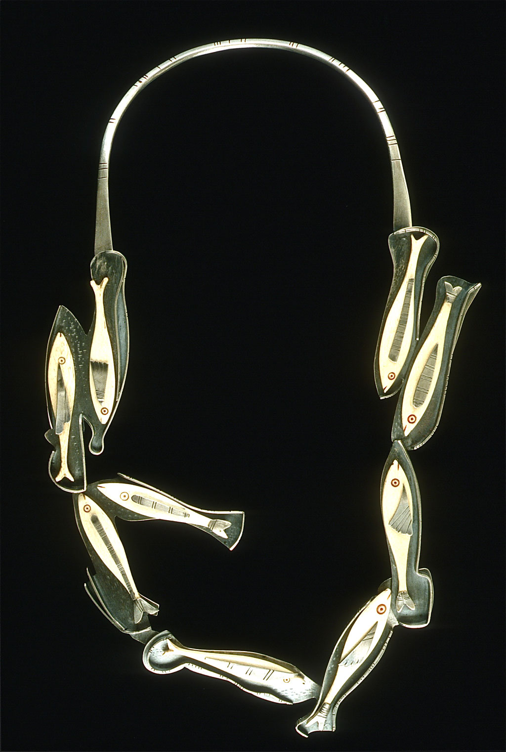 Ron Ho, School Daze, 2003. Bonefish gambling counters with forged and fabricated silver
