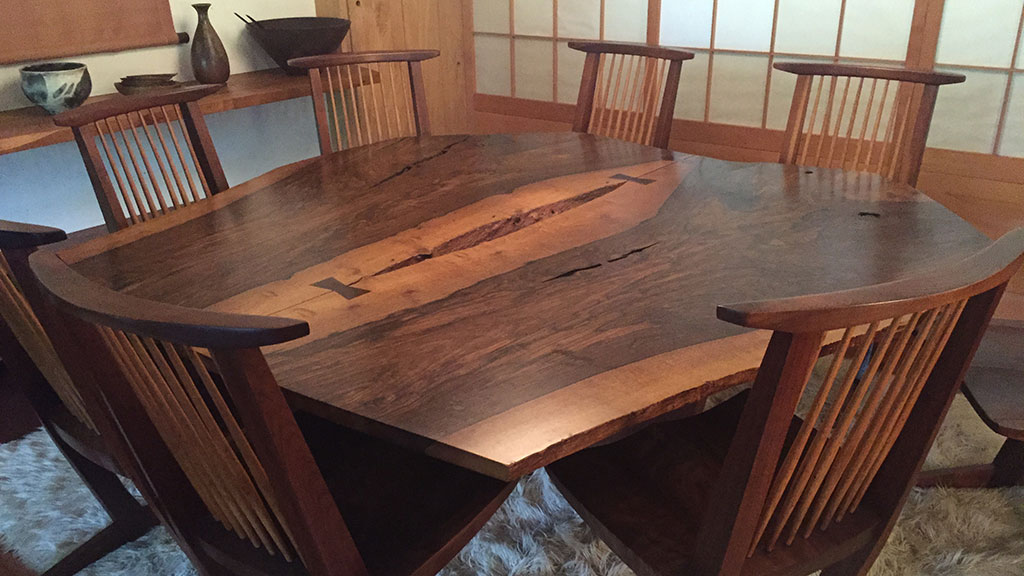 "Book-matched" table in the Reception House, one of fourteen buildings built by Nakashima
