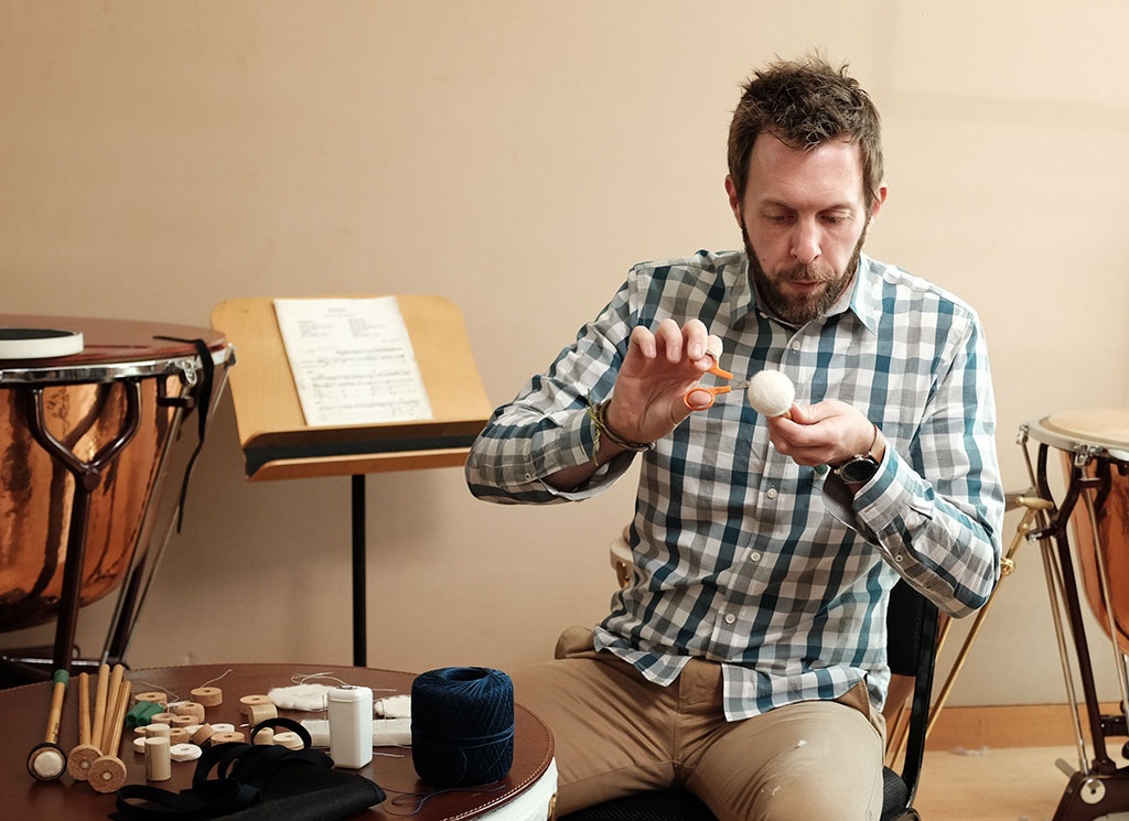 Jason Ginter making a timpani mallet. Mark Markley photograph