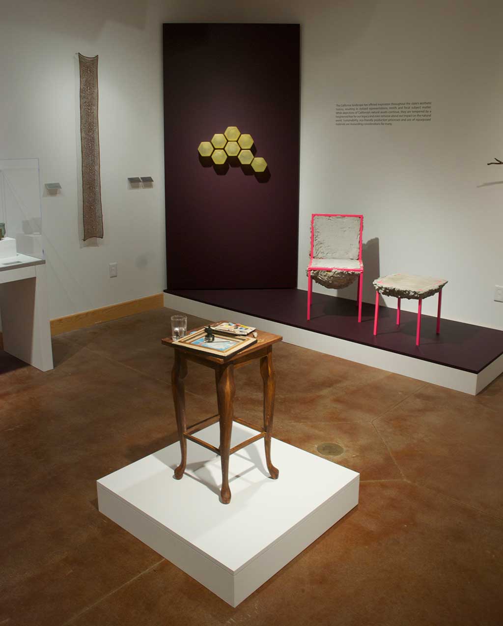 (l-r) Jennifer Reifsneider, For A Sphere With Nine Poles, 2011; Pamina Traylor, Oakland Beeways, 2011; Adrian Clutario, Labejia Series - Chairs, 2012; Richard Shaw, Still Life with Two Landscapes, 2013 (front)