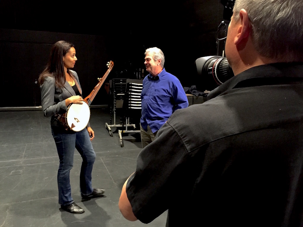 Filming Rhiannon Giddens talking with Jim Hartel, who made her minstrel banjo.