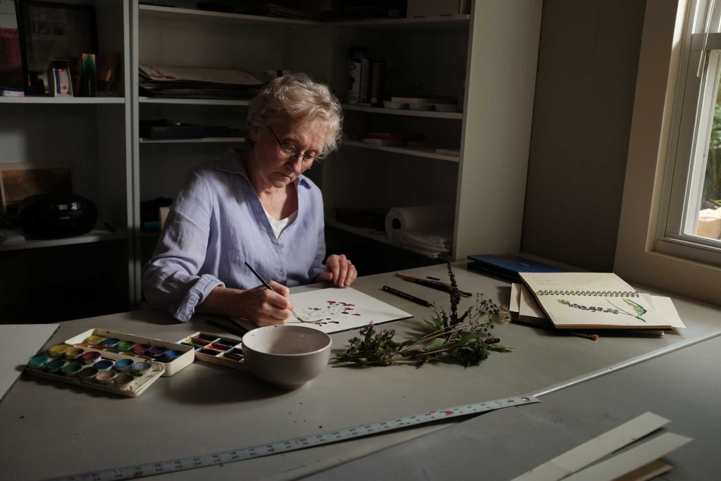 Mary Merkel-Hess sketching plants from her yard