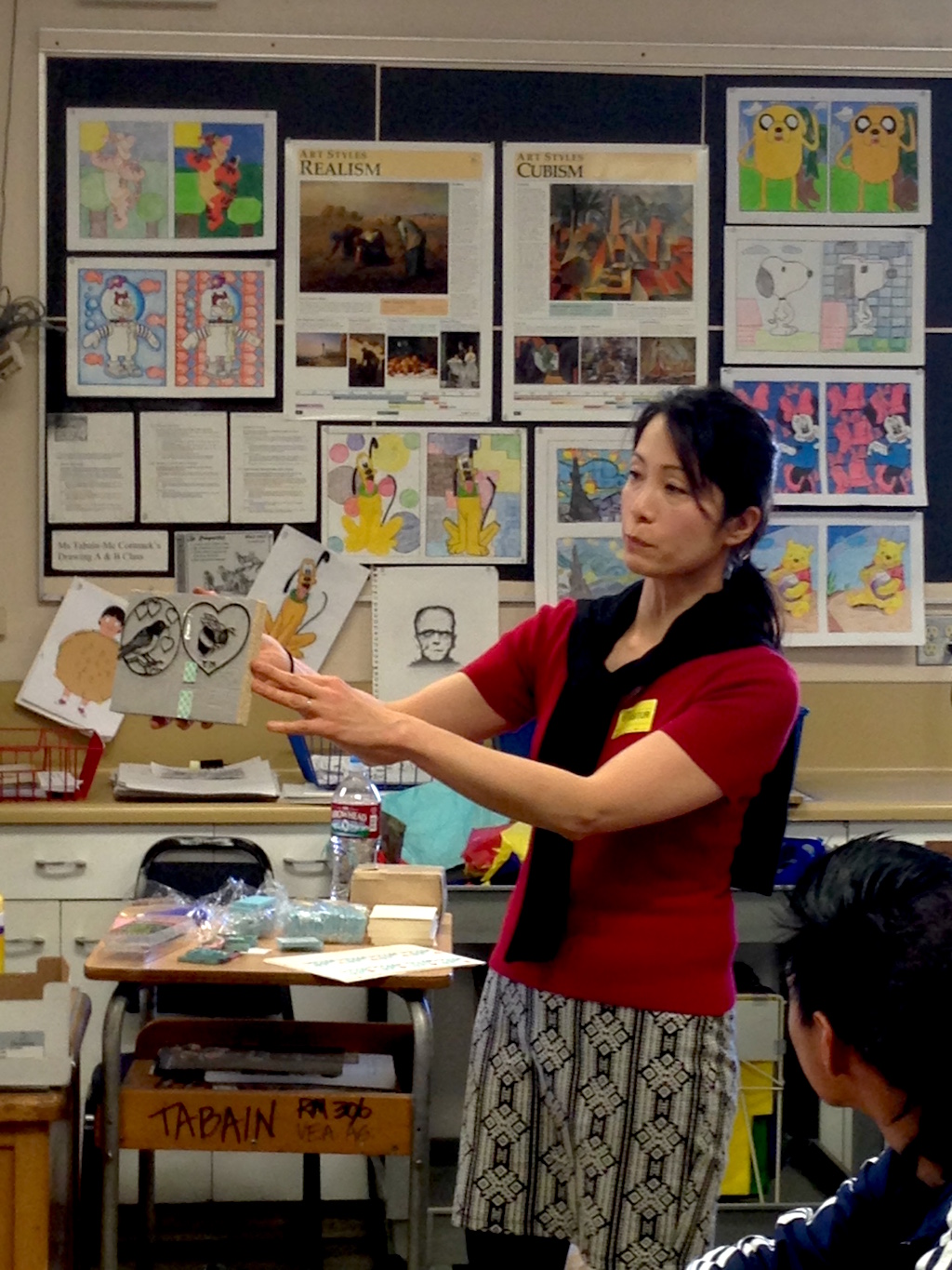 Yamamoto teaches local Van Nuys High School students about carved wood block traditions and printmaking.