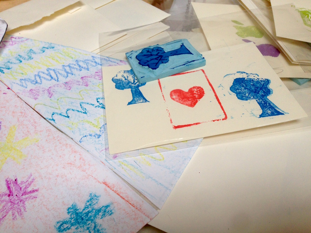 Stamps and prints from Yoshiko Yamamoto's printmaking workshop.