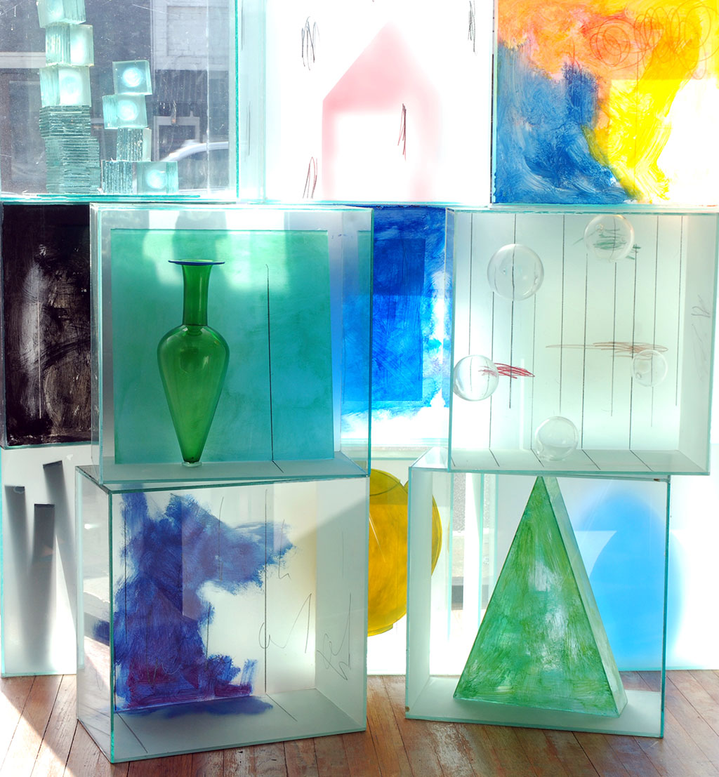Artist Therman Statom made 13 glass boxes to be displayed in the front window.
