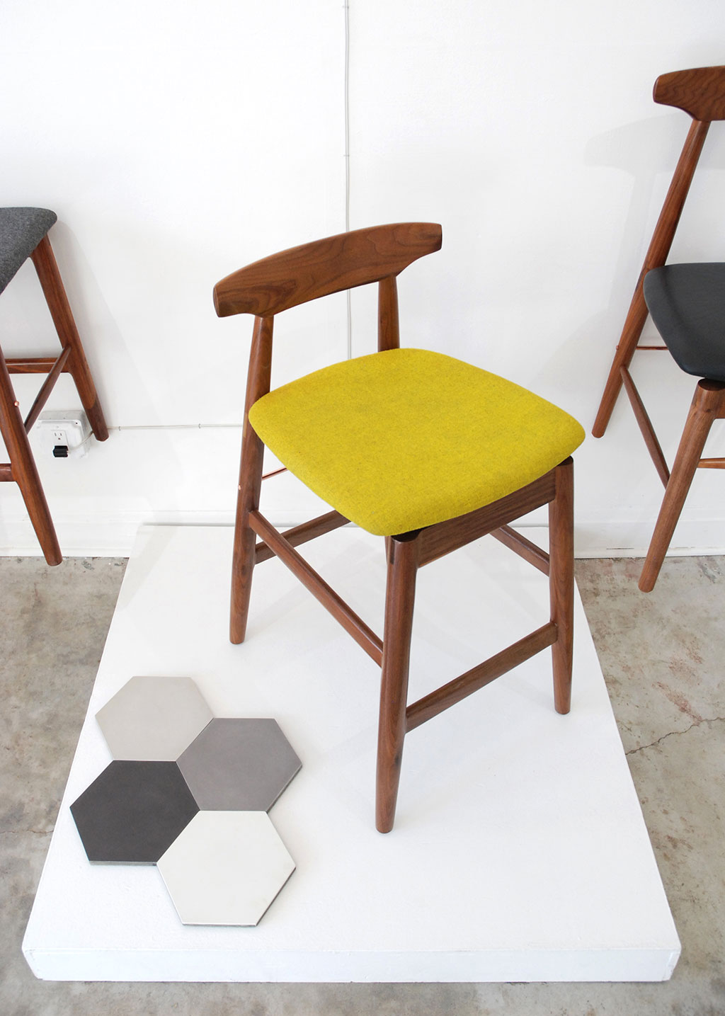 Chris Earl, High Wood Stool, Walnut, copper, 2015, Otium, Granada Tiles, Solid Hexagons, Cement, Tamara Kaye-Honey, House of Honey, Otium, Consume: Handcrafting L.A. Restaurant Design, Craft in America