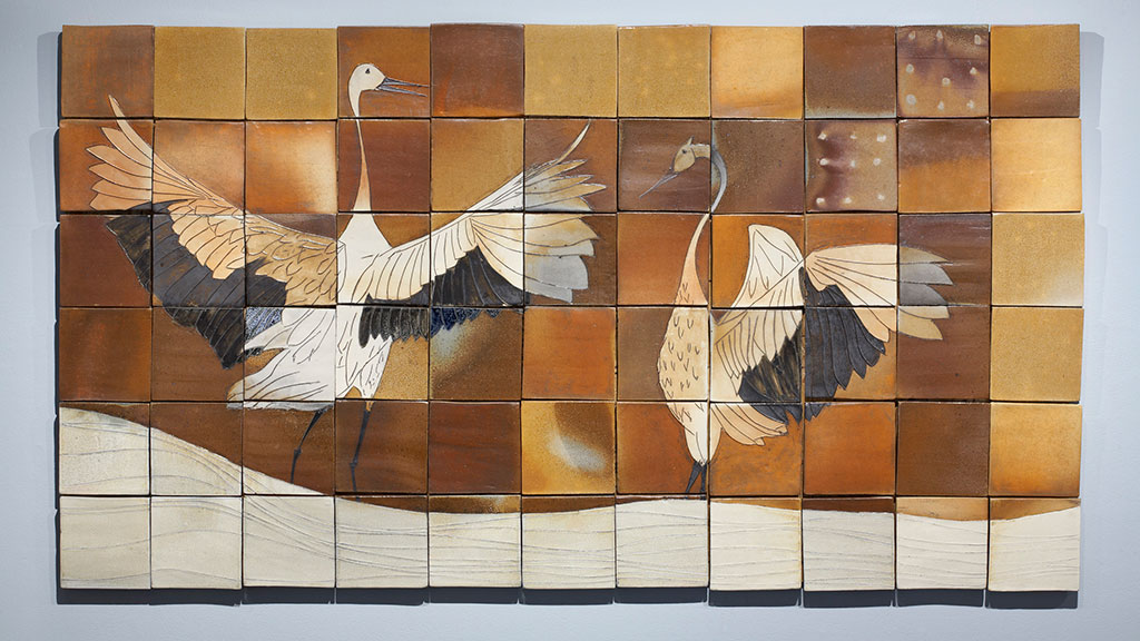 Matthew Krousey, Cranes in Winter Mural. Salt fired stoneware, slips, stains, glaze