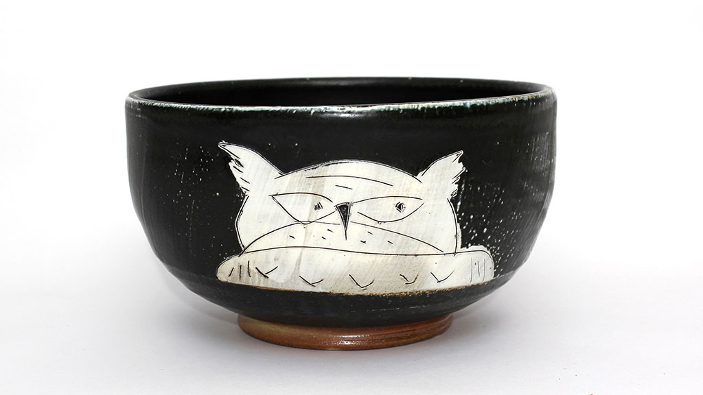 Matthew Krousey, Horned Owl Bowl. Salt fired stoneware, slips, stains, glaze