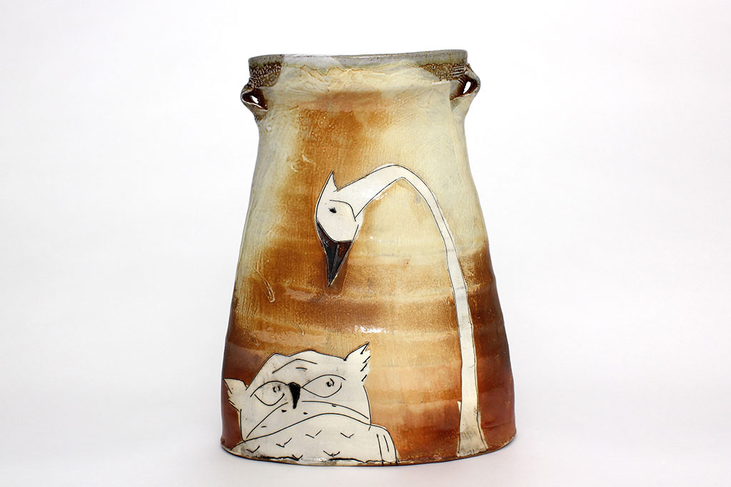 Matthew Krousey, Horned Owl and Sandhill Crane Oval Vase. Salt fired stoneware, slips, stains, glaze, Craft in America