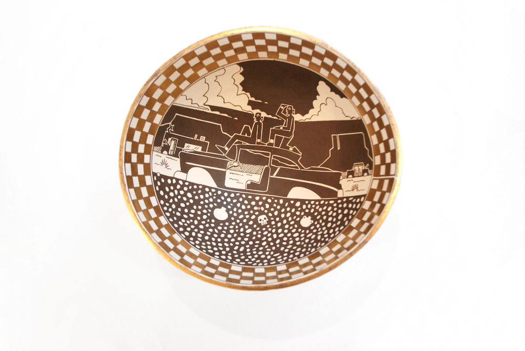 Diego Romero, Chongo Brothers in Broke Car Landscape, c. 2019, glazed and gilded earthenware, IDENTITY, Craft in America