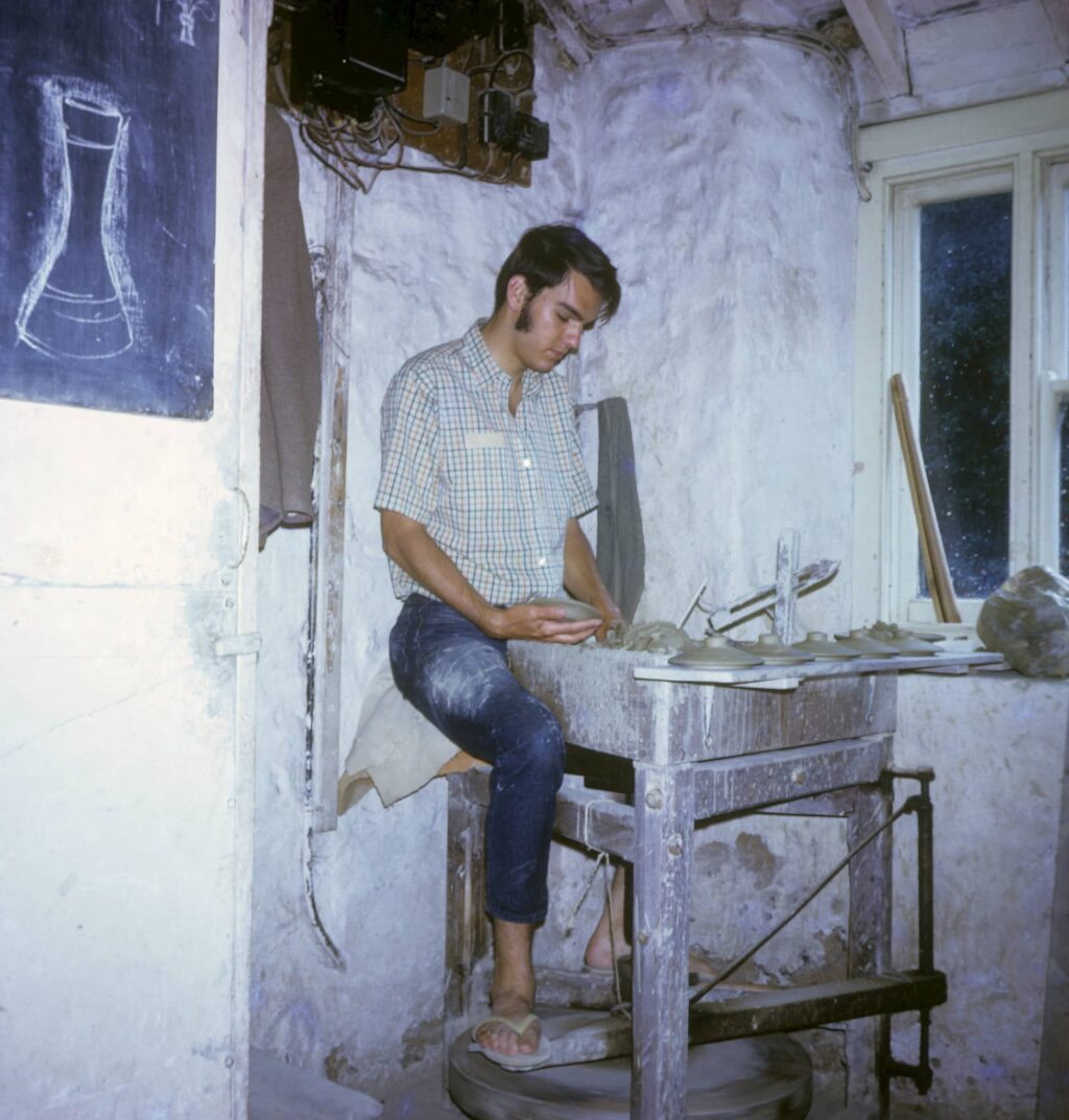 Jeff Oestreich at the potter's wheel at Leach Pottery, 1970. Courtesy of Jeff Oestreich. Craft in America CROSSROADS