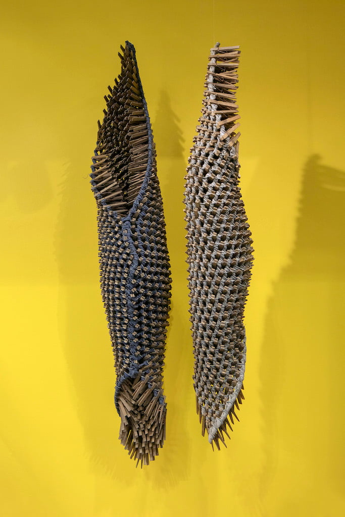 Karyl Sisson, Skin (Grey) & Skin (Blue), Vintage cotton zippers, twill tape, thread, and wood, spring - operated clothespins, Collection of the artist