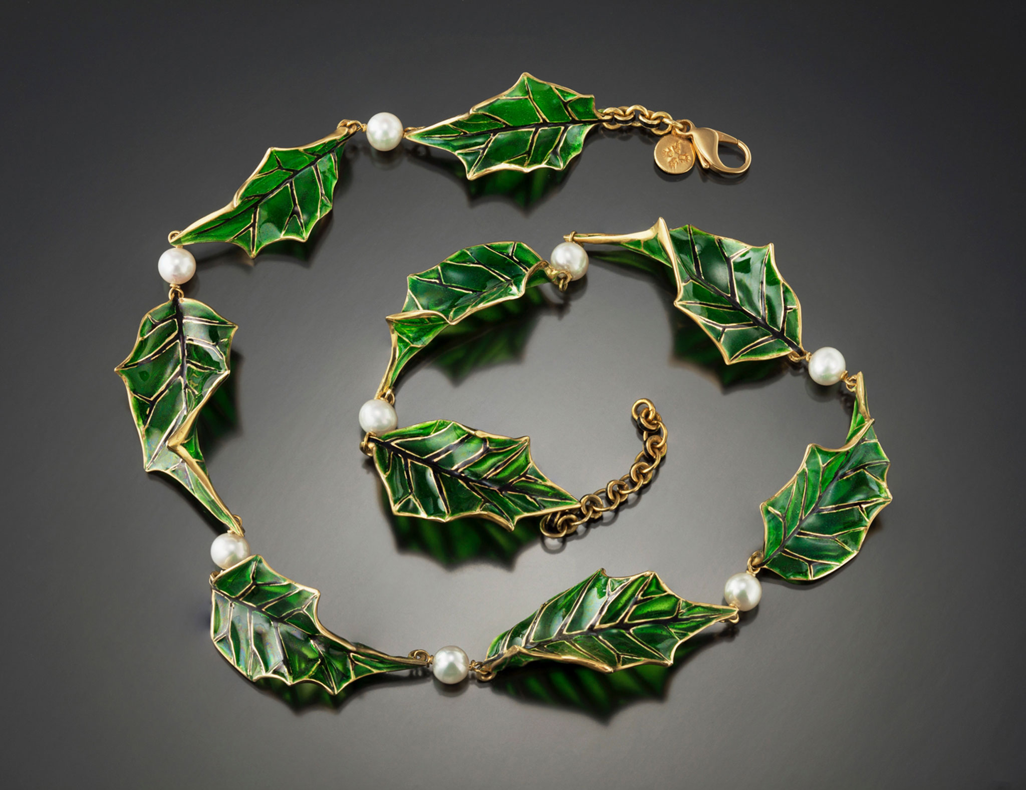 Tom Herman, Plique-à-jour holly necklace. Courtesy of the artist. JEWELRY episode of Craft in America
