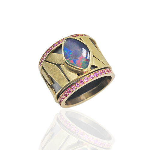 Rebecca Myers Design - Monarch Opal with Pink Sapphire Stacks, Craft in America