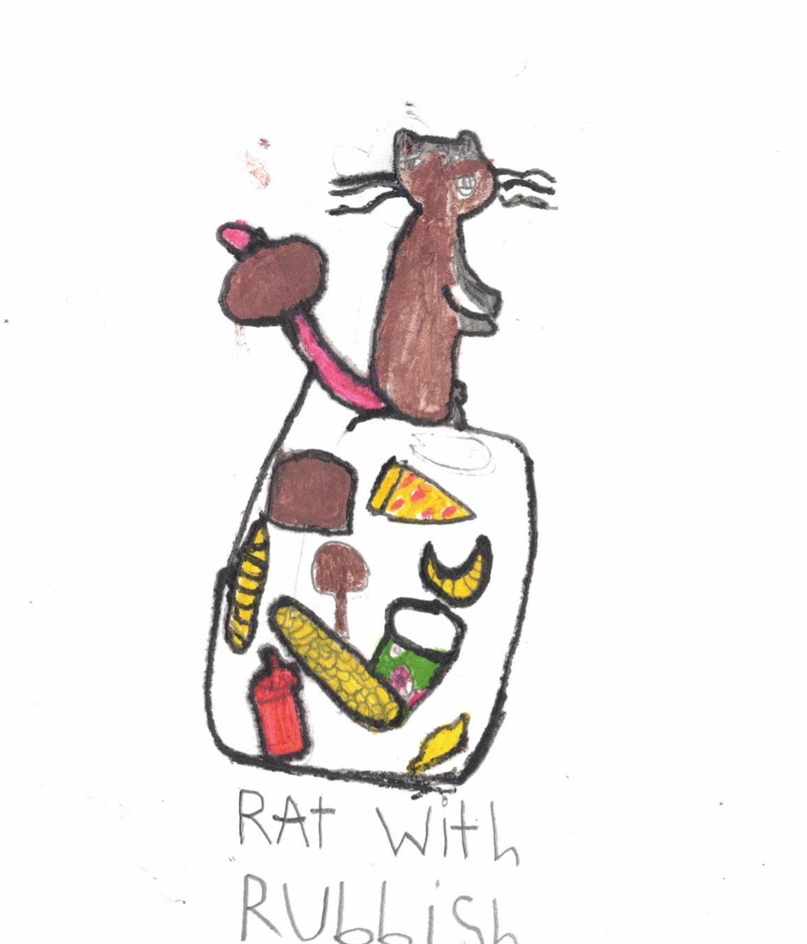 Rosewood+Calder "Rat with Rubbish" colorful crayon drawing, the rat looks smugly sitting atop a pile of food