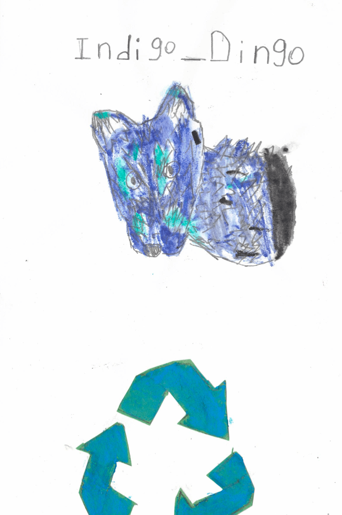 Rosewood+Calder blue and teal recycle arrow symbol and "Indigo_Dingo" creature bust illustrations