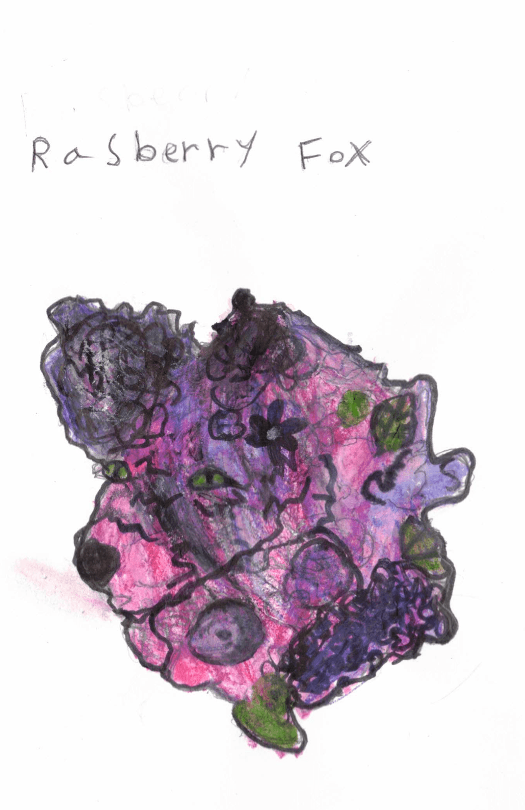 Rosewood+Calder "Raspberry Fox" purple, black, and blended vivid green pastel illustration of a fox bust