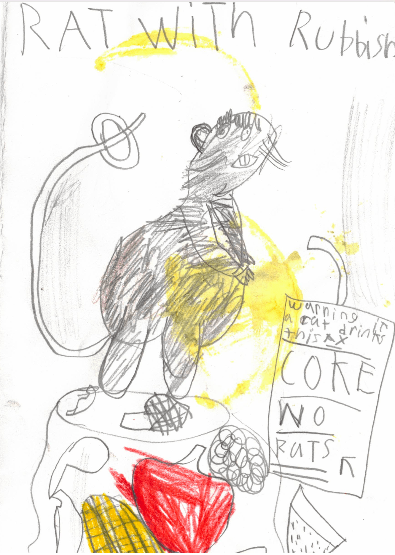 Rosewood+Calder "Rat with Rubbish" pencil with accents of yellow and red colorful crayon, the rat sits perched atop a food heap
