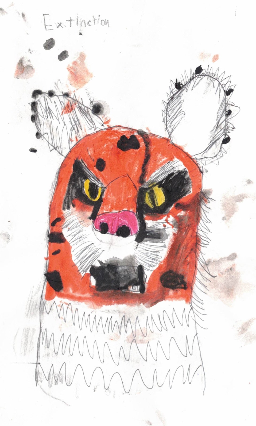 Rosewood+Calder "Extinction" bold tiger bust illustration with vivid orange and black fur patterns, and yellow eye details