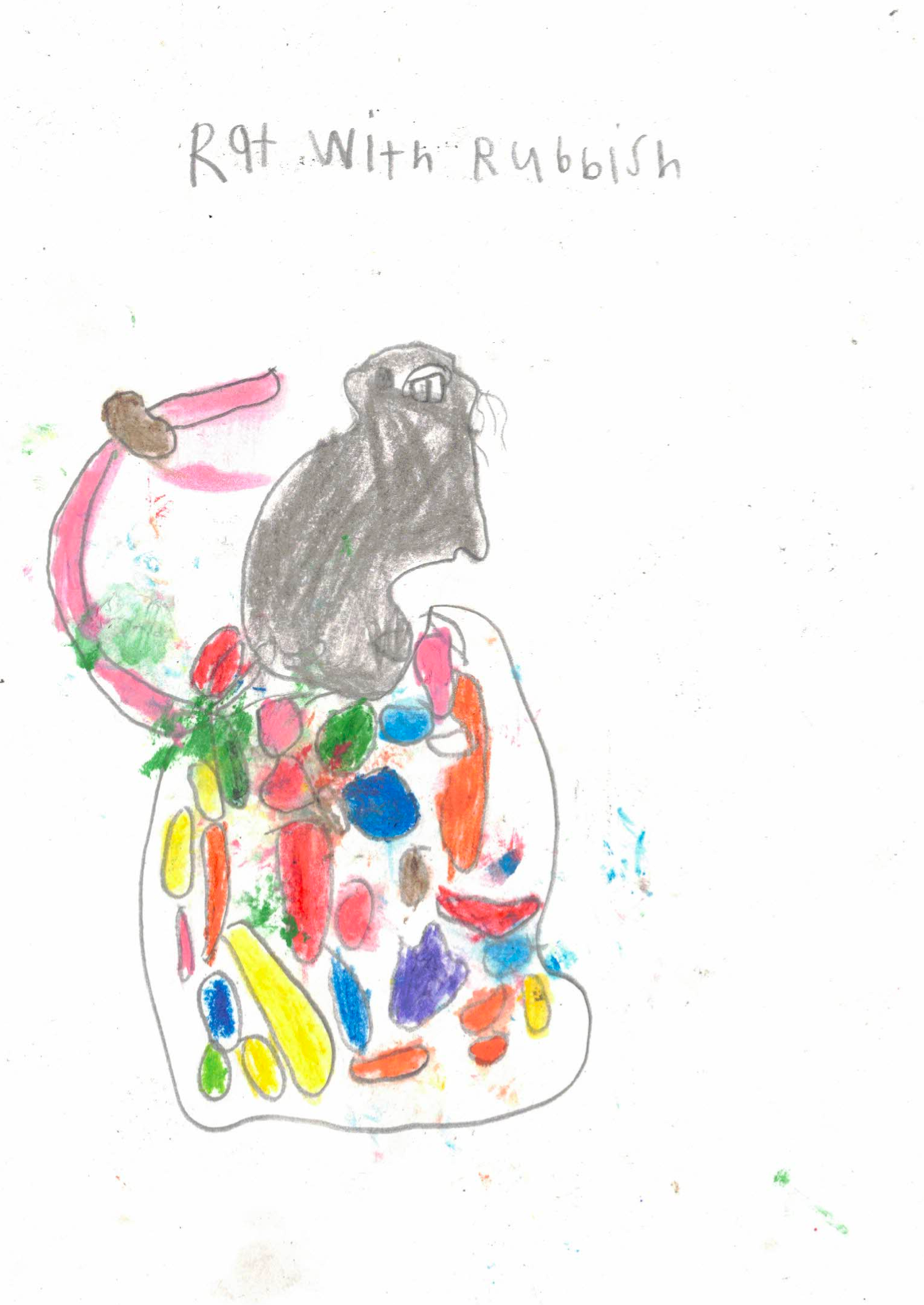 Rosewood+Calder grey rat "Rat with Rubbish" drawing, the rat's standing on top a mass of floating, colorful fruit