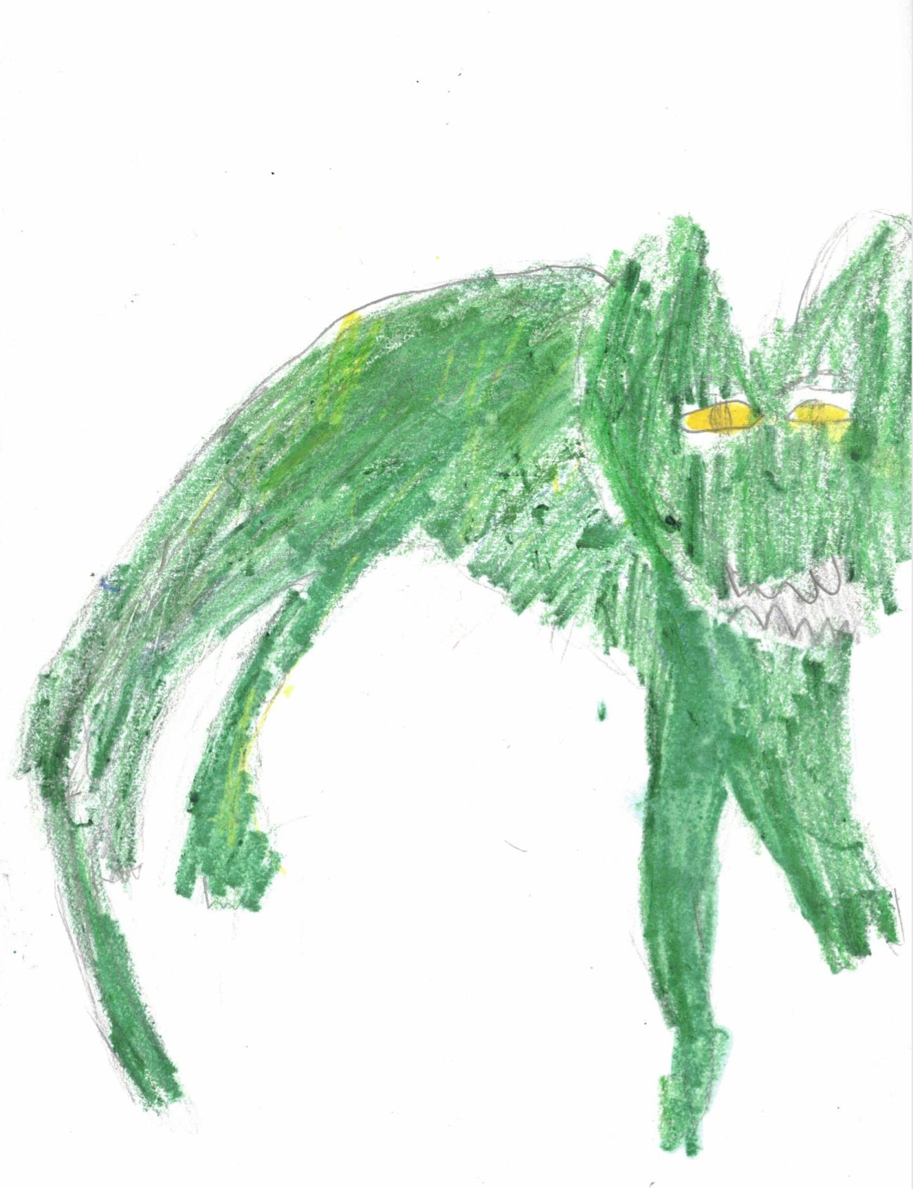 Rosewood+Calder green Cerberus creature with jagged teeth and yellow eyes illustration