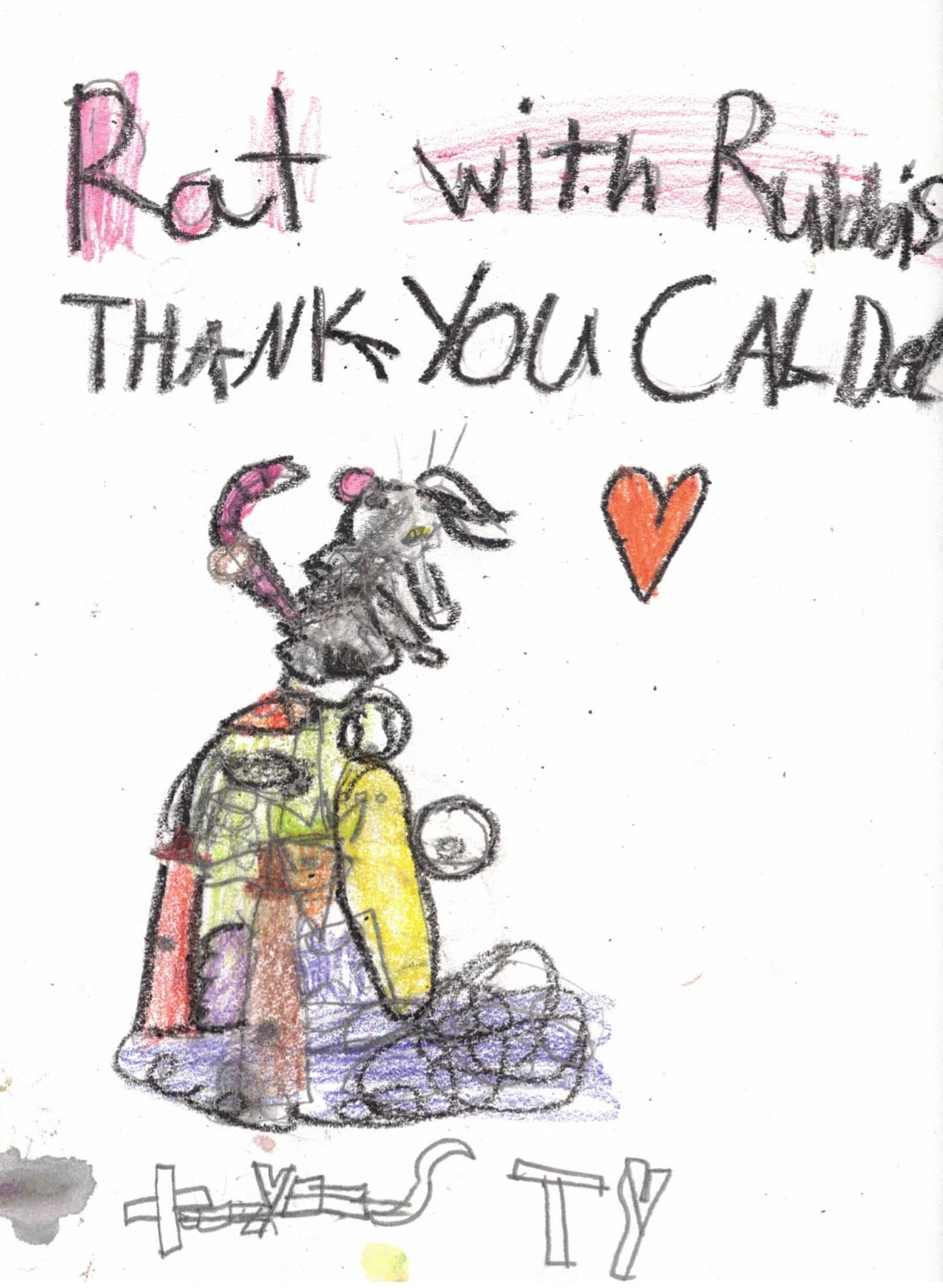 Rosewood+Calder crayon drawing of "Rat with Rubbish" a rat on top of a pile of debris and food with thank you message