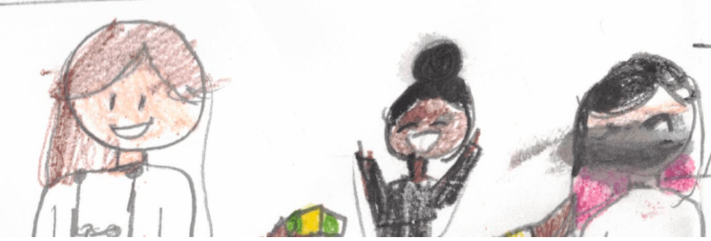 Rosewood+Calder student pencil and crayon drawing of Calder, 4th grade jump roper, and Sam jump roping with big smiles