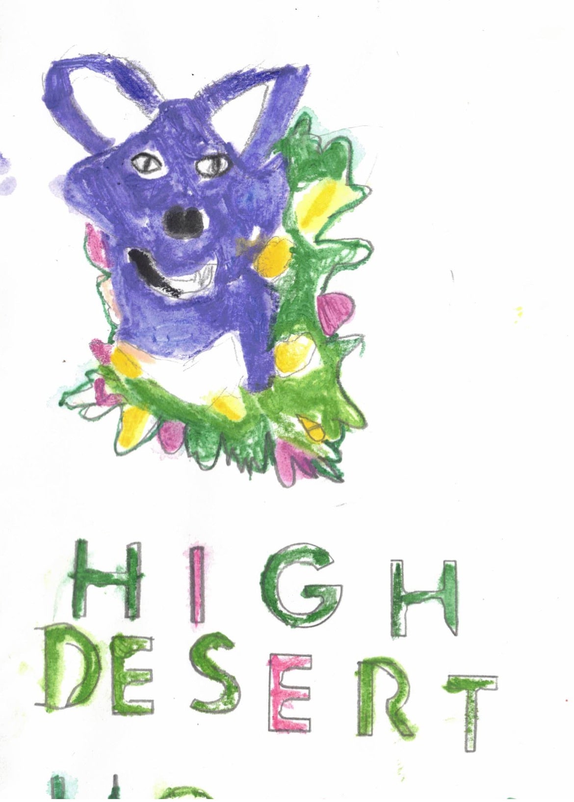 Rosewood+Calder "High Desert" block lettered purple fox bust surrounded by green, yellow plants pastel illustration