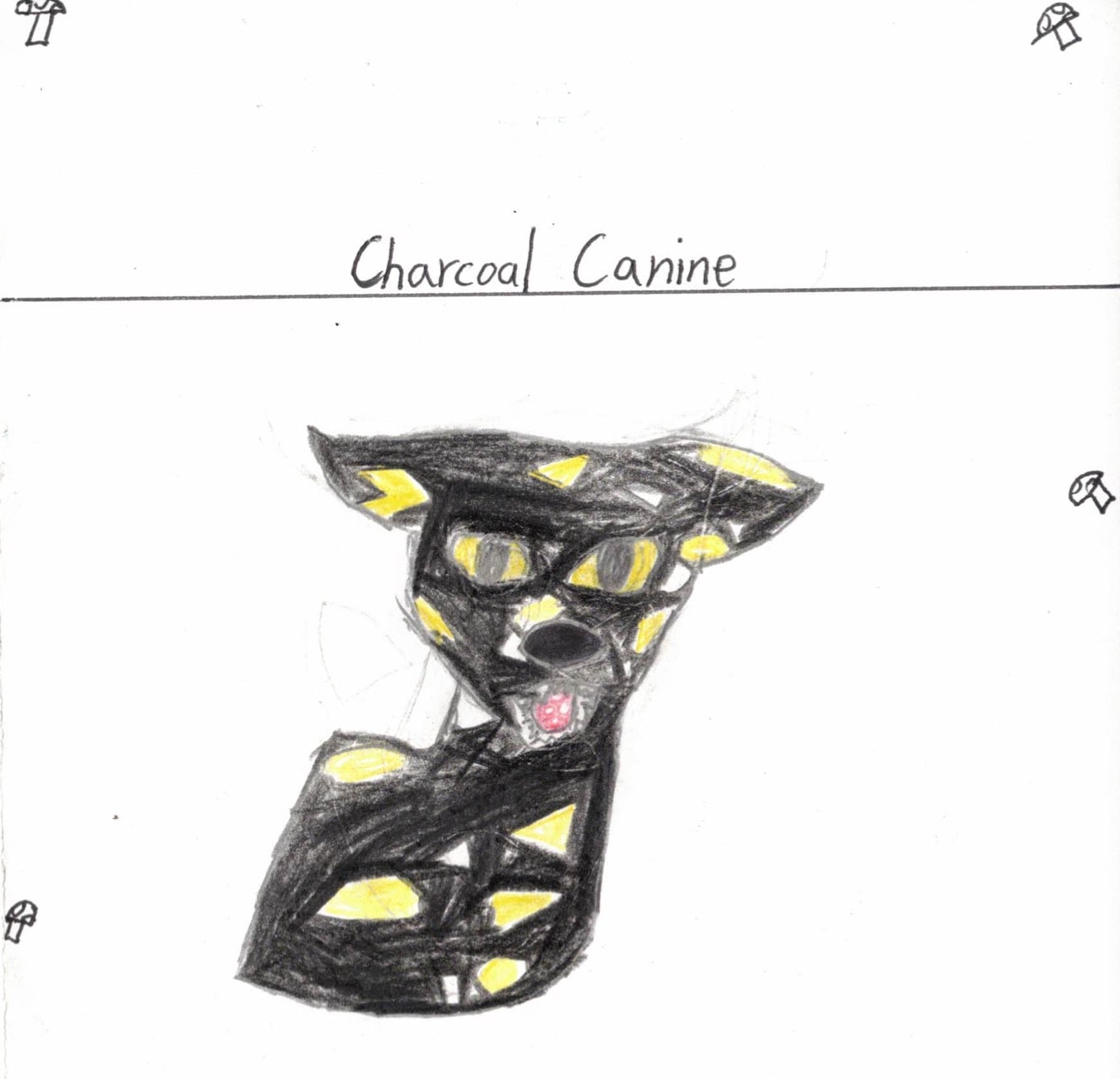 Rosewood+Calder mushroom-bordered "Charcoal Canine" colored pencil, creature bust with bold yellow markings on black fur illustration