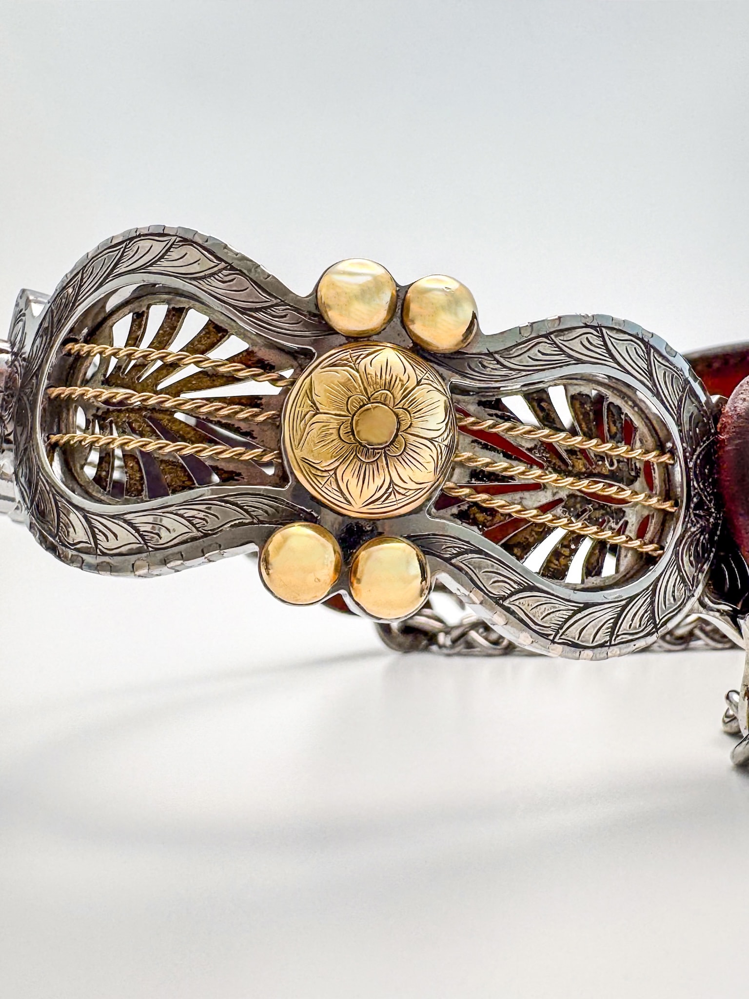 Craft in America Center, Bill Heisman, Cowboy Craft, Silver Mounted California Style Spurs, detail, 1990s