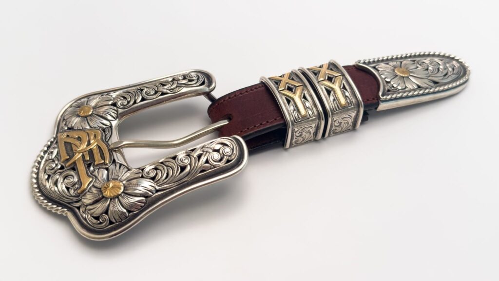 Ornate silver and gold engraved belt buckle
