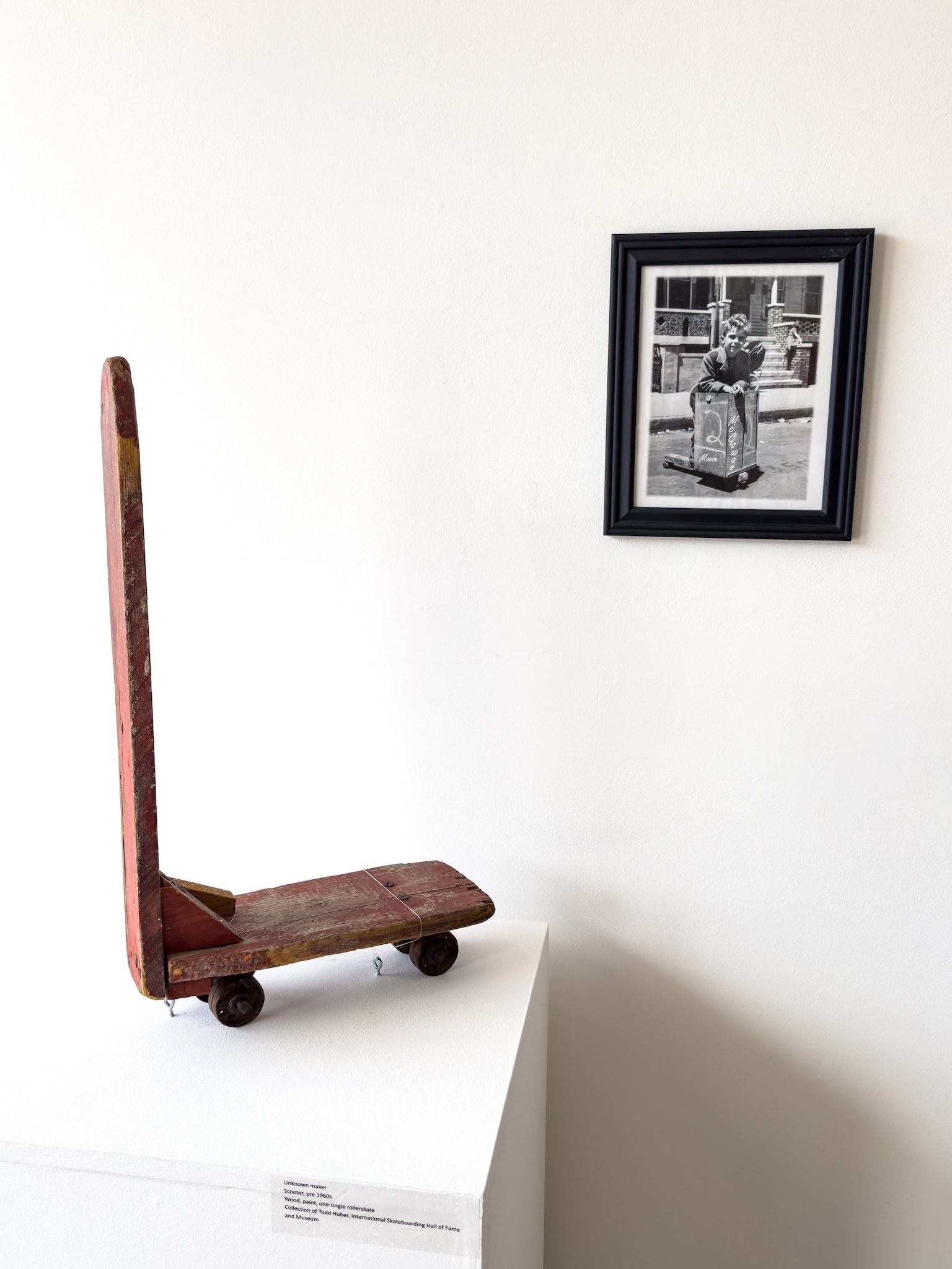 Craft in America Center, Vintage Scooter, vehicles of expression, pre1960s, and photograph of early skatemobile, installation view
